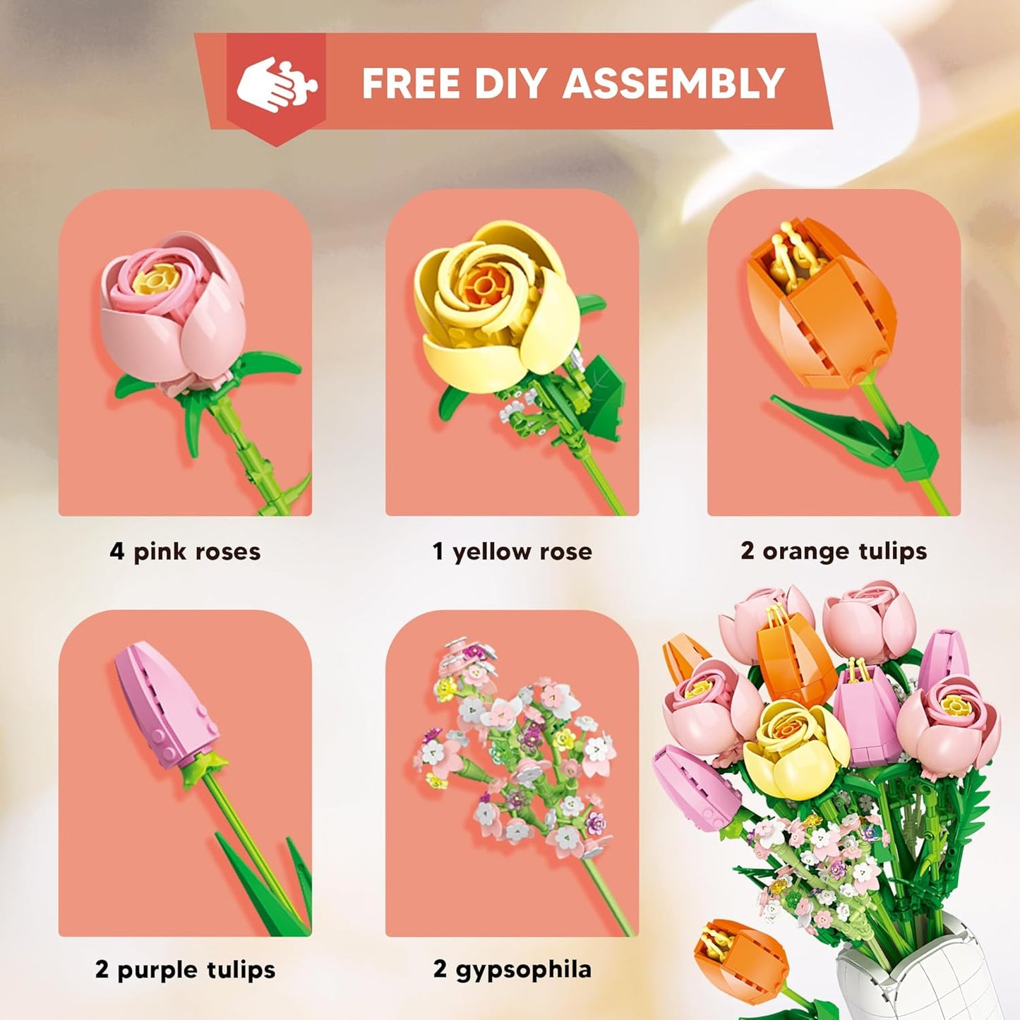 Flowers Bouquet Building Set with Vase -1011pcs