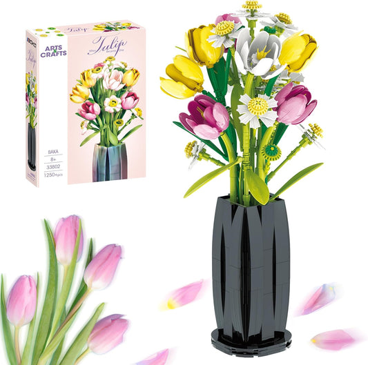Tulips Building Blocks Set, Flowers Bouquet with Vase - 1250pcs
