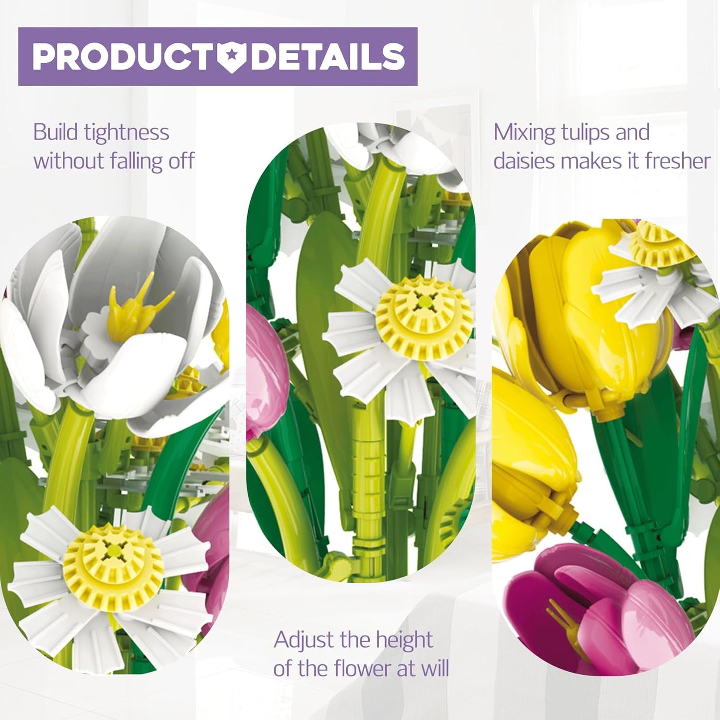 Tulips Building Blocks Set, Flowers Bouquet with Vase - 1250pcs